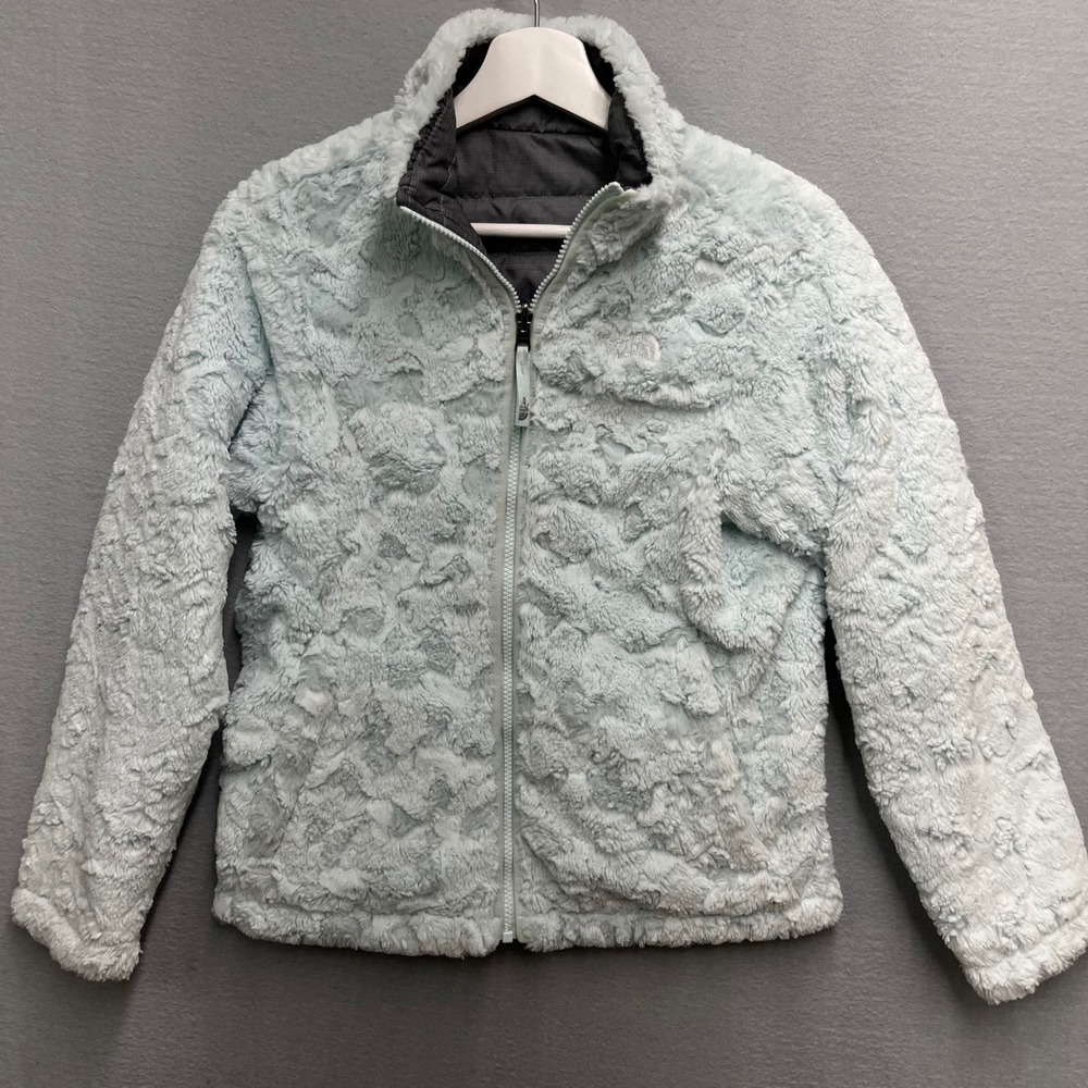 The North Face Reversible Fleece Puffer Jacket Light Blue Grey Women Small